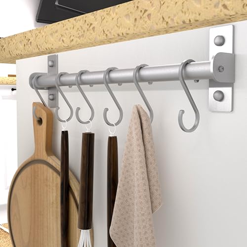 Dseap Kitchen Utensil Holder Hanger, Pot and Pan Rack Wall Mounted, Kitchen Rail with 8 Hooks for Hanging Cooking Utensils, Mugs, Spoons, Wall Mounted, Silver - color: Silver