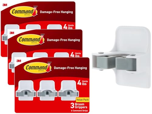 Command Broom Grippers, 3 Hangers and 6 Strips, Damage-Free Mop and Broom Holder Wall Mount, Household Cleaning Tool Organizer for Kitchen, Laundry Room, Closet, Holds up to 4 lb (Pack of 3)