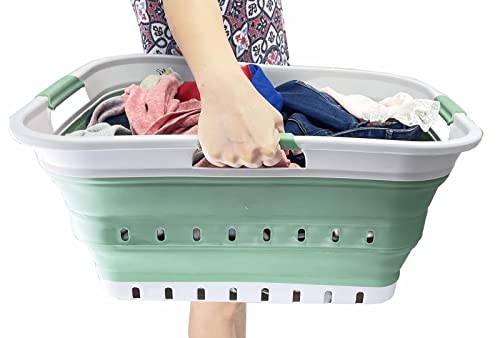 SAMMART 42L (11 gallon) Collapsible Plastic Laundry Basket - Foldable Pop Up Storage Container/Organizer - Portable Basket - Space Saving Hamper/Basket (Grey/Dark Sea Green (Set of 2)) - color: Grey/Dark Sea Green (Set of 2)