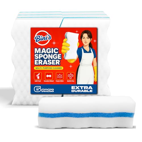 Clearance - BINI'S Magic Sponge Eraser, Extra Durable, Multi Purpose Cleaner, Shoe, Bathroom, Shower, and Car Window and Windshield Cleaner, Cleaning Pads, 6 Count