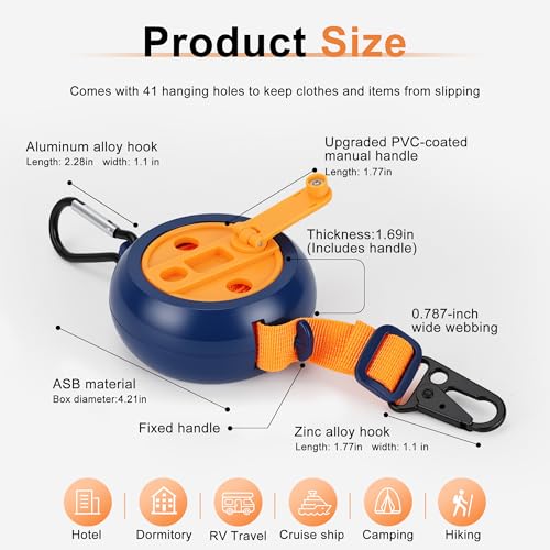 Portable Travel Clothesline, 13.4 ft Retractable Clothes Line with 6 Foldable Hangers & Storage Bag, Adjustable Laundry Drying Rope for Cruise Ship, Camping, Hotel, RV, Indoor & Outdoor