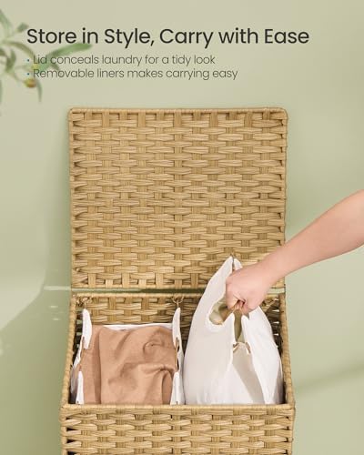 SONGMICS 2-Section Laundry Hamper with Lid, PE Rattan, 29 Gallons (110 L) - color: Goose Yellow, size: 110 L (2 Basket)