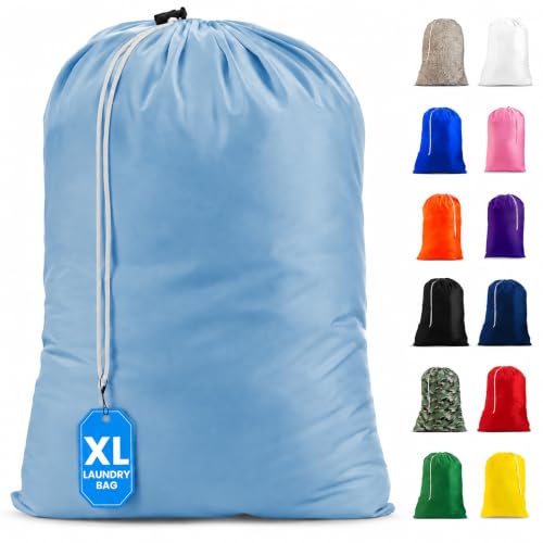 Nylon XL Laundry Bag - Locking Drawstring Closure, Machine Washable, These Large Bags Will Fit a Laundry Basket and Strong Enough to Carry up to Two Loads of Clothes (Light Blue | 22" x 32") - color: Light Blue, size: 22" x 32"