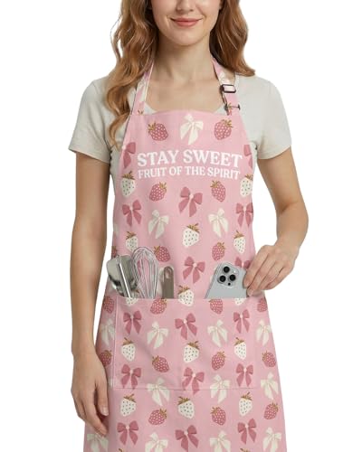 Women Apron, Cute Kitchen Aprons for Women, Girls - color: Pink Strawberry