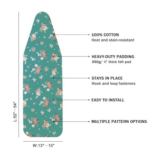 Ironing Board Cover and Pad Standard Size 15" x 54",3 Pairs of Hook and Loop Fastener Straps,Elastic Edges,Cotton Iron Board Cover with Scorch Resistant Thick Padding (Green+Flowers) - color: Green+flowers