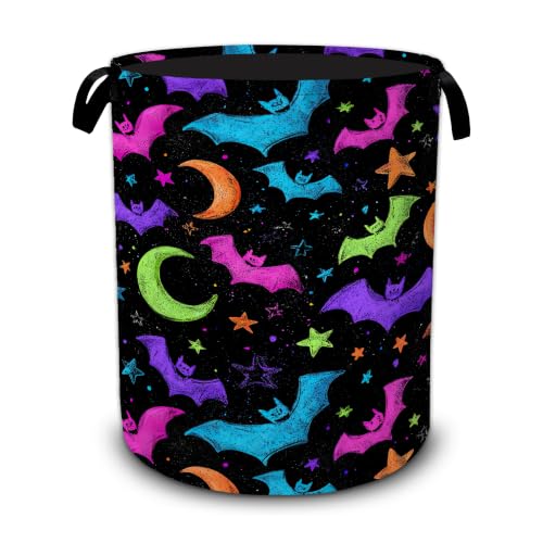 Colorful Bats Laundry Basket with Handles,Moon StarsFoldable Oxford Laundry Hamper,Collapsible Clothes Storage Basket for Laundry Room/Bathroom/Bedroom/Dormitories 20.8 x 16 Inches - color: Colorful Bats Moon Stars
