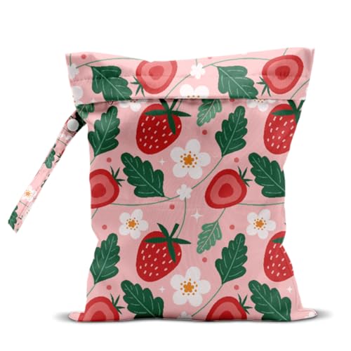 Wet Bag, Wet Dry Bag, Waterproof Swim Bags, Machine Washable Reusable Bags for Beach, Pool, Diapers, and Dirty Yoga Gym Clothes(Pink Background with White and Strawberry - color: Fresh Pink Strawberry & Blossom Branch