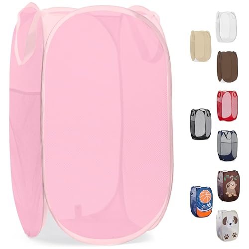 Handy Laundry Mesh Pop Up Hamper Foldable Collapsible Basket - color: Pink, 1-PACK