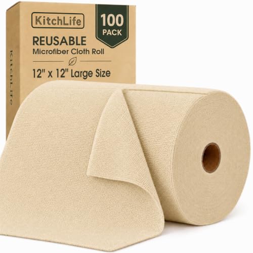 Microfiber Cleaning Cloth Roll, 100 Pack 12 x 12 Inch Tear Away Reusable Paper Towels, Thick Cleaning Towels, Absorbent Lint Free Washable Rags for Kitchen, Car, Garage and Workshop - Wheat - color: Wheat