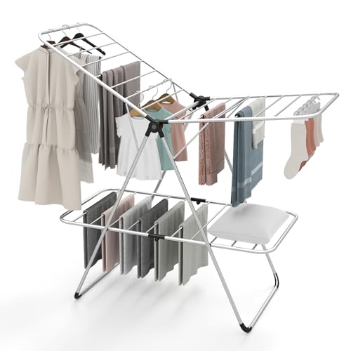 Tangkula Clothes Drying Rack Foldable, 2-Level Heavy-Duty Aluminum Laundry Drying Rack Collapsible with Height-Adjustable Wings, Space-Saving Freestanding Airer Clothing Dryer Stand for Indoor Outdoor - color: Silver, size: 24"D x 56"W x 50"H