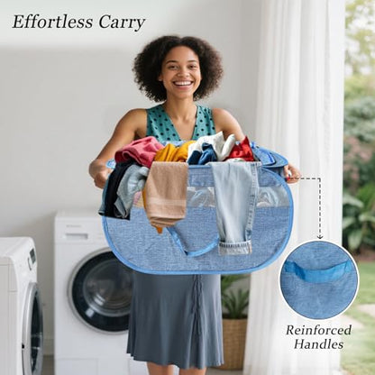 Upgraded 100L Extra Large Mesh Pop Up Laundry Hamper with Lid and Handles. XL Closet Storage Bins, Dirty Clothes Basket for Dorm Home, Foldable Laundry Basket. Blue. H - color: Navy