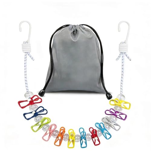 White Portable Travel Clothesline with 12 Colorful Clips, Windproof Elastic Rope, Storage Bag, Indoor/Outdoor Camping Laundry Drying Line for Hotel Camping,Easy Hang for Socks Bras Towels