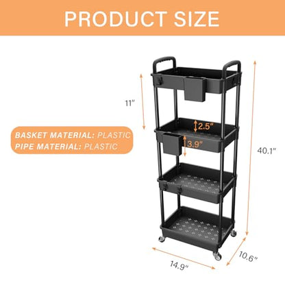 4 Tier Rolling Utility Cart with Handle,REBECAT Utility Cart Made of Multifunctional Storage Organizer Tool for Kitchen,Bathroom,Living Room,Office(Black) - color: Black