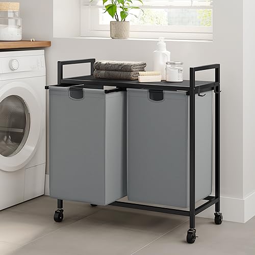 WOWLIVE Double Laundry Hamper with Wheels, Rolling Laundry Basket Organizer - color: Gray, size: 110l (30.0 x 13 x 32 Inches)