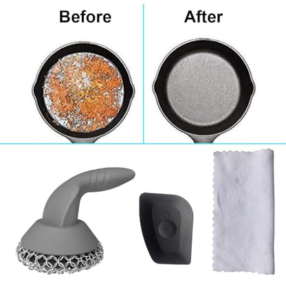 Cast Iron Scrubber with Pan Scraper & Towl, 316 Chainmail Scrubber with Long Handle, Upgraded Chain Mail Scrubber Cleaner for Grill Pan Skillet Wok Carbon Steel Dutch Oven Metal Brush (Grey) - color: Gray