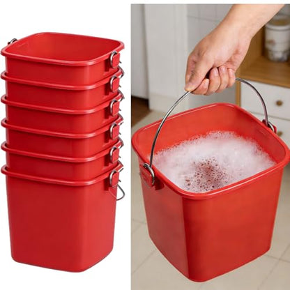 6 Packs 3 Quart Plastic Square Bucket with Handle, Heavy Duty Utility Bucket for Cleaning, Storage, Commercial and Household Use, Includes 6 Pack Cleaning Cloths