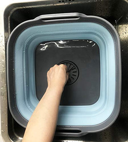 SAMMART 10L (2.64 Gallon) Collapsible Dishpan with Draining Plug - Foldable Washing Basin - Portable Dish Washing Tub - Space Saving Kitchen Storage Tray (1, Grey/Sea Angel) - color: Grey/Sea Angel