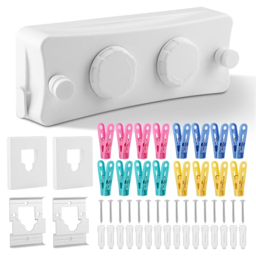 16.7 Ft Retractable Clothesline Indoor & 20Pcs Clothespins, Non-Sagging Wall Mounted Wire Double Clothes Lines, Retracting Outdoor Heavy Duty Clothes Line, for Balcony, Courtyards