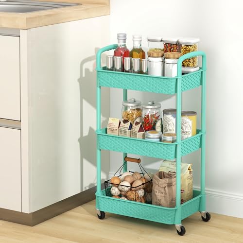 MOYIPIN 3-Tier Plastic Rolling Utility Cart with Handle,Turquoise - color: Turquoise, size: 3-Tiers without cups