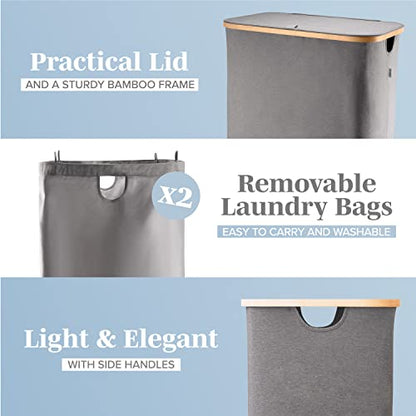 LONBET Laundry Basket with Lid, Made from Breathable Fabric | Aesthetic Clothes Hampers for Laundry with Side Handles & Sturdy Bamboo Frame (40 Gallons - Double, Gray) - color: Gray, style: 40 Gallons - Double