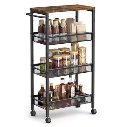 VASAGLE 4-Tier Slim Rolling Storage cart with Wheels, 8.7 Inches, Metal - color: Rustic Brown + Classic Black, size: 4 Tiers (8.7"D x 30.3"H)