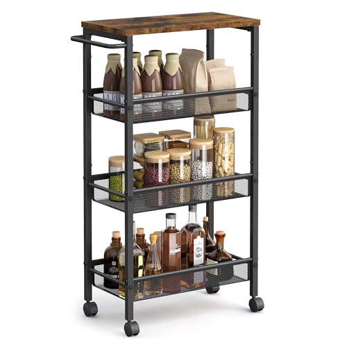 VASAGLE 4-Tier Slim Rolling Storage cart with Wheels, 8.7 Inches, Metal - color: Rustic Brown + Classic Black, size: 4 Tiers (8.7"D x 30.3"H)