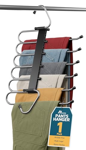 Black Space Saving Pants Hangers 1 Pack, 6 Layer Jeans Hangers & Closet Organizer for Jeans, Scarves, Skirts, Multi-Layer Hanger with Anti-Slip Coating & Stopper, Heavy-Duty S-Type Stainless Steel - color: Black, size: 1 Pack