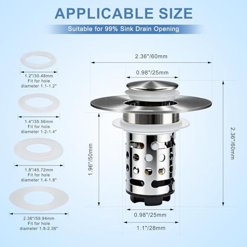 Upgraded 3 in 1 Bathroom Sink Drain Strainer, Universal Pop Up Stopper with Removable Stainless Steel Filter Basket Hair Catcher, Sink Plug for 1.1''~2.36'' Basin, Brushed Nickel Finish (2PC) - style: Brushed Nickel Finish 2PCS