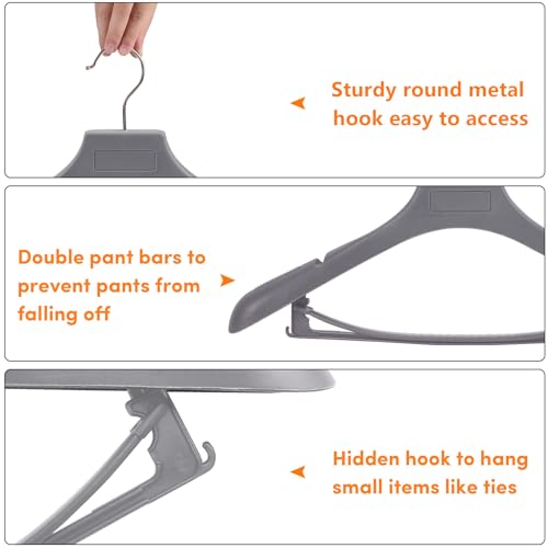 DEDU Suit Hangers for Men 40 Pack, Grey Coat Hangers Extra Wide Non Slip Width 17.7", Thick Plastic with Pants Bar & Metal Hook - color: Gray, size: 40 Pack