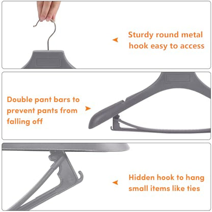DEDU Suit Hangers for Men 40 Pack, Grey Coat Hangers Extra Wide Non Slip Width 17.7", Thick Plastic with Pants Bar & Metal Hook - color: Gray, size: 40 Pack