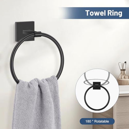 TURS 5-Pieces Matte Black Bathroom Hardware Set 23.6 Inch SUS304 Stainless Steel Towel Bar Set Wall Mounted Square Toilet Paper Holder with Shelf - color: Matte Black, size: 5-Pieces Set