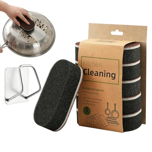 5PCS Emery Magic Wipe Sponge with 1 Storage Holder, Emery Sponge Brush Eraser Scrub, Multi‑Functional Non Scratch Scrub Sponge for Removing Rust Cleaning Pots and Pans