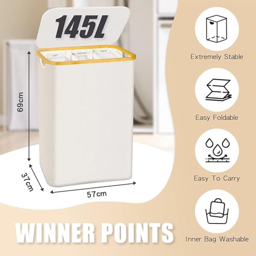Hampers for Laundry Basket with Lid, 145L Large Laundry Hamper 3 Section - color: Beige, size: 145L