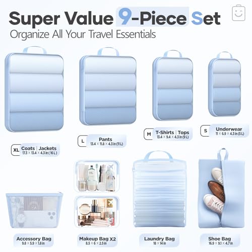 Veken 9/11 Set Compression Packing Cubes for Travel Essentials,Compressible Expandable Large Luggage Suitcase Organizer Bags for Clothing,Space Saver Bags with Over 1000 pcs of Mesh Holes(Light Blue) - color: Light Blue, size: 9 set