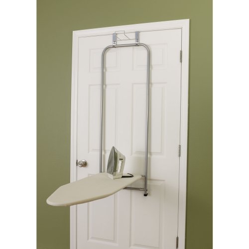 Household Essentials 144222 Over The Door Small Ironing Board with Iron Holder, Natural Cotton Cover Silver - color: Silver