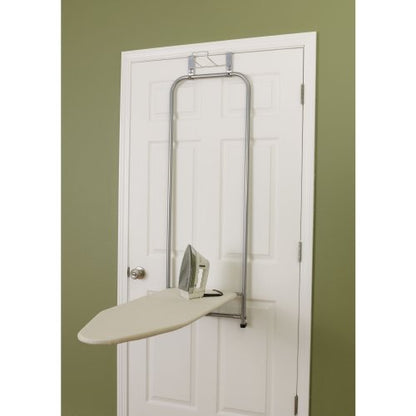 Household Essentials 144222 Over The Door Small Ironing Board with Iron Holder, Natural Cotton Cover Silver - color: Silver