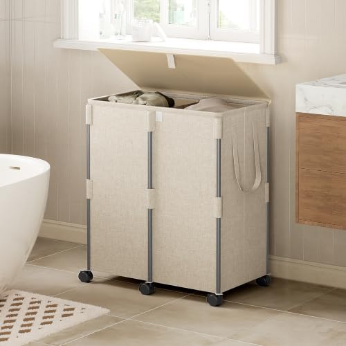 140L Double Laundry Hamper with Lid and 6 Wheels, Rolling Laundry Basket - color: Beige, size: 140l(24.8"l X 14.2"w X 26"h)