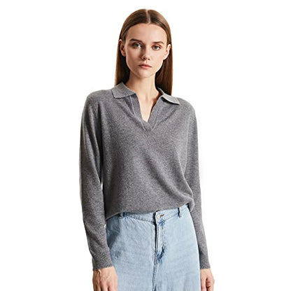 GreenMount Women's Deep V-Polo Casual Loose Cashmere Sweater Pullover Lapel Long Sleeve for Women Keep 37.5° Warm - color: Grey, size: X-Large