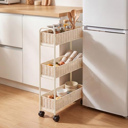 FOCHIER F Utility Slim Storage Cart,3-Tier Rolling Kitchen Office Laundry Room Cart with Wheels,Mobile Shelving Unit Organizer for Living Room,Bathroom, Baby Diaper,Art,Dining Room Narrow Places - color: White Wash