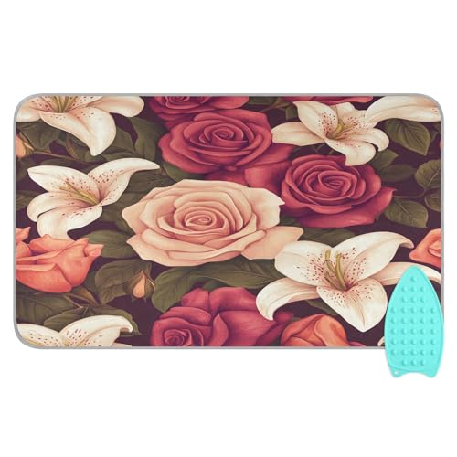 Roses and Lily Flowers Ironing Mat Thickened Ironing Blanket Travel Portable Double-Side Using Ironing Pad Travel Isolate Heat Pad Cover for Washer Dryer Table Top Countertop 27.6x47.2in - color: Roses and Lily Flowers