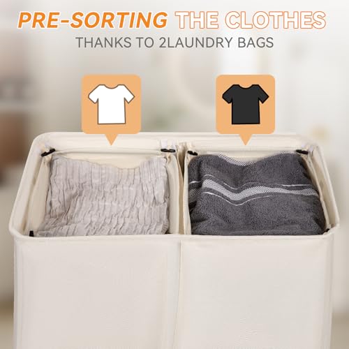Chrislley Double Laundry Hamper with Lid, 140L Laundry Basket 2 Section - color: Beige, size: 140l(24.0"l X 14.2"w X 25.2"h)