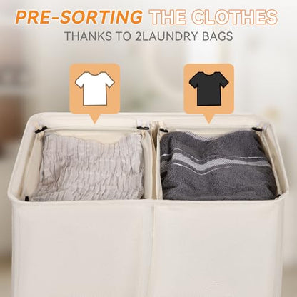 Chrislley Double Laundry Hamper with Lid, 140L Laundry Basket 2 Section - color: Beige, size: 140l(24.0"l X 14.2"w X 25.2"h)