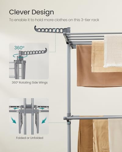 SONGMICS 3-Tier Clothes Drying Rack, Foldable, Rolling, 58.3-Inch Tall - color: Dove Gray, style: 3-Tier