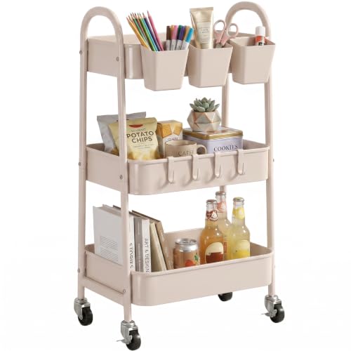 danpinera 3-Tier Rolling Cart, Utility Cart Mobile Metal Rolling Storage Cart with Lockable Wheels & Hanging Cups & Hooks for Kitchen, Bathroom, Office, Workshop, Beige - color: Beige, size: 3 tier