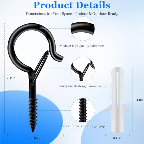 36-Pack Black Screw Hooks with Safety Buckles, 40-lb Capacity - color: Black