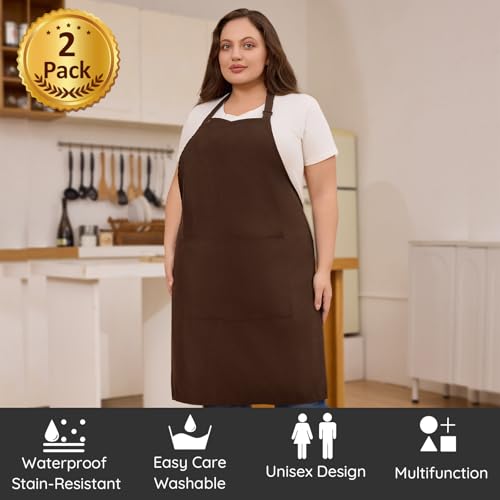 2 Pack Plus Size Waterproof Cooking Chef Apron with 2 Pockets for Men Women - color: Coffee