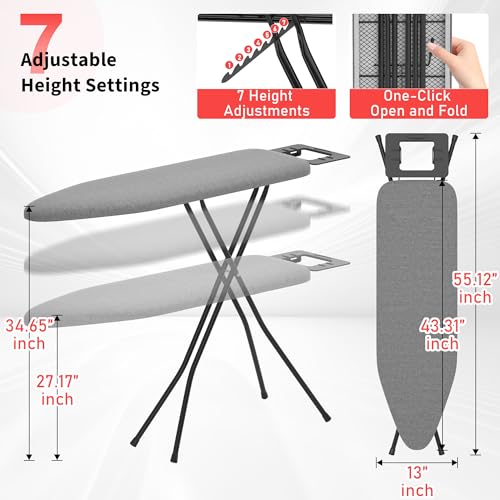 Ironing Board, 43"×13" with Iron Rest, Sturdy & 7 Adjustable Height - color: Dark Gray, size: 43"L x 13"W