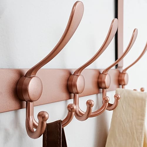 Dseap Over The Door Hook Hanger - Fits 1 3/8" to 1 3/4" Standard Doors | 5 Tri Hooks Heavy Duty Towel/Coat Rack | Door Organizer for Clothes, Jackets, Hats, Towels, Rose Gold - color: Rose Gold