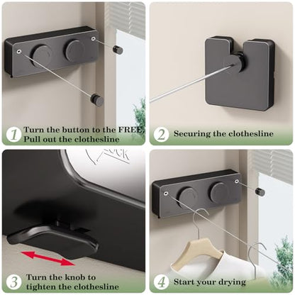 Danpoo Retractable Clothesline, Anti-Sag Adjustable Knob Heavy-Duty Clothes Line for Indoors/Outdoors with 2 * 13.8ft Stainless Steel Wire, Laundry Wall Drying Solutions,Black - style: Black