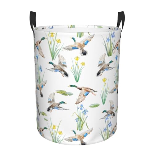 Laundry Basket Watercolor Mallard Duck Room Decor,Round Laundry Hamper Waterproof Dirty Clothes Hamper Collapsible Laundry Baskets With Handles,Toy/Clothes Storage Basket For Home Dorm Bathroom Decor - color: Watercolor Mallard Duck